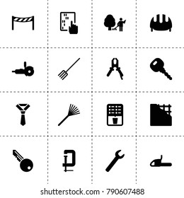 Tool icons. vector collection filled tool icons. includes symbols such as pitchfork, abacus, wrench, pliers, car key, coffee, rake. use for web, mobile and ui design.