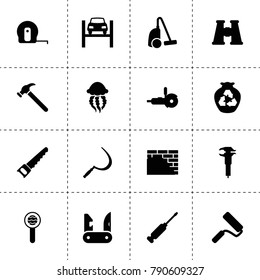 Tool icons. vector collection filled tool icons. includes symbols such as sickle, caliper, car lift, garbage, vacuum cleaner, screwdriver. use for web, mobile and ui design.