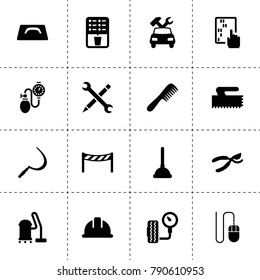 Tool icons. vector collection filled tool icons. includes symbols such as sickle, secateurs, abacus, car repair, coffee, tire pressure. use for web, mobile and ui design.