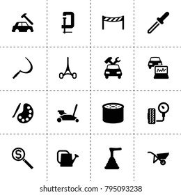 Tool icons. vector collection filled tool icons. includes symbols such as sickle, watering can, oil filter, car body repair, car repair. use for web, mobile and ui design.