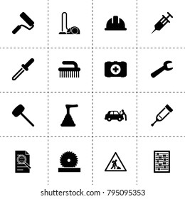 Tool icons. vector collection filled tool icons. includes symbols such as syringe, car repair, plunger, clean brush, document search. use for web, mobile and ui design.