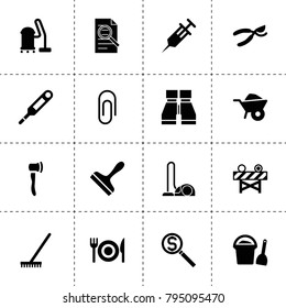 Tool icons. vector collection filled tool icons. includes symbols such as wheelbarrow, syringe, secateurs, rake, vacuum cleaner, scraper. use for web, mobile and ui design.