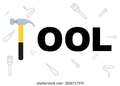 Tool illustration with hammer and different tools. Vector in flat design