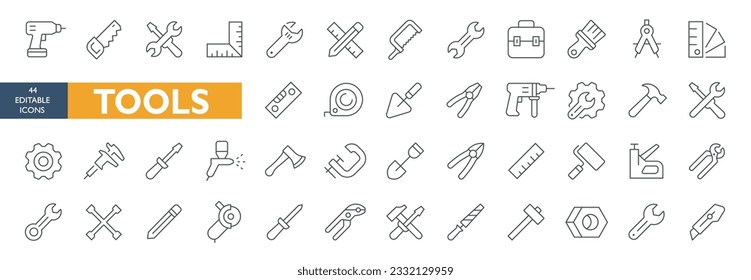 Tool  Instrument thin line icons set. Building Tools editable fill icon. Working tools symbols. Instrument simple icons. Vector with white background tools and constructions icons set 44 editable