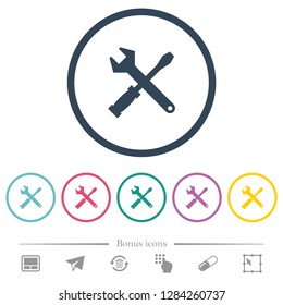 Tool kit flat color icons in round outlines. 6 bonus icons included.