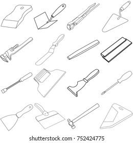 tool kit, icon, set, line, vector icon isolated sign symbol vector, separately on a white background, metal spatula, gas pliers, hammer, putty knife