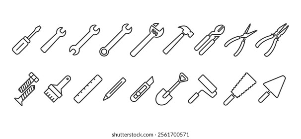 Tool kit icons. Tool line icon set. Working tools. Working tools set. Repair and construction tools collection in line style vector illustration in transparent background. Editable stroke. Eps10