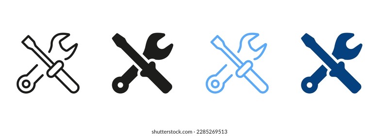 Tool Kit for Repair Symbol Collection. Toolbox for Fix Black and Color Sign. Toolkit Line and Silhouette Icon Set. Cross of Wrench and Screwdriver Pictogram. Isolated Vector Illustration.