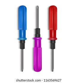 Tool kit, screwdrivers of bright colors on white background, vector illustration