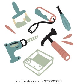 Tool kit, set of brush, paint roller, screwdriver, tray, drill, hammer. Vector cute flat cartoon doodle items about renovation, interior renovation, handyman.
