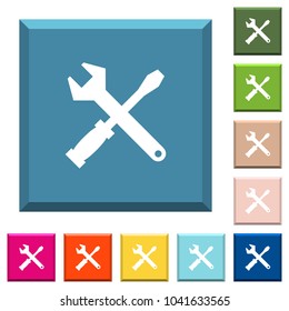 Tool kit white icons on edged square buttons in various trendy colors