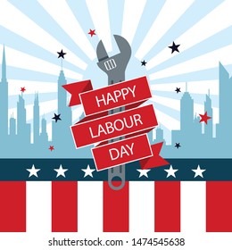 Tool and labor day banner on skyline city background, USA flag.