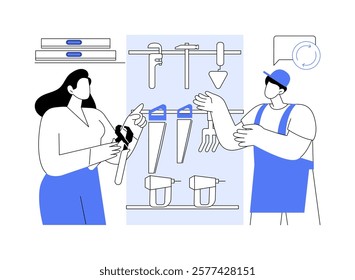Tool library isolated cartoon vector illustrations. Woman chooses home improvement equipment for rent in store, salesperson consultancy, household service, diversity of tools vector cartoon.