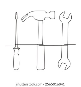 tool line art drawing. Continuous line tools