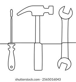 tool line art drawing. Continuous line tools