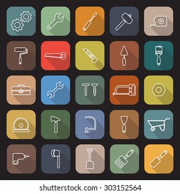 Tool line flat icons with long shadow, stock vector