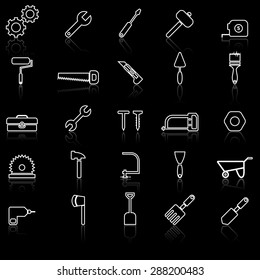 Tool line icons with reflect on black, stock vector