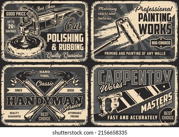 Tool monochrome vintage horizontal posters collection with inscriptions, buffing wheel machine, paint roller on radial background, crossed hammers, saw with sharp teeth of blade, vector illustration