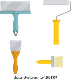 Tool for painting work. Spatula, trowel, brush, roller. Set of items for repair and construction. Cartoon flat illustration