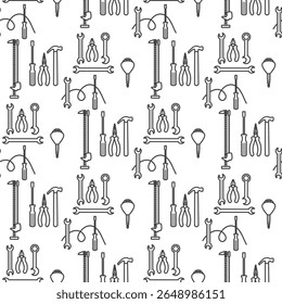 Tool pattern background with various hand tools arranged in seamless black and white design vector