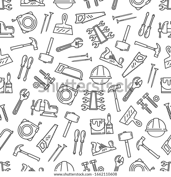 Tool pattern, construction hardware and repair\
instruments. Vector seamless background of renovation and building\
tools, hammer, paintbrush, ruler and carpentry saw, drill and\
screwdriver pattern