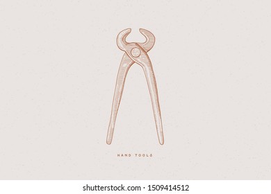 Outil, pinces. Vieilles pinces dessinées à la main dans un style de gravure sur fond clair. Élément de conception vintage pour la conception d'étiquettes. Style linéaire monochrome. Illustration vectorielle.