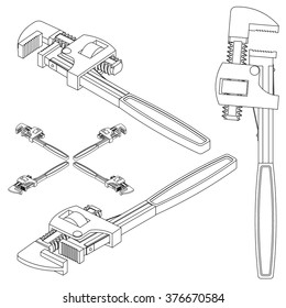 tool pipe wrench line drawing isometric set