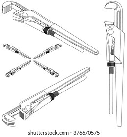 tool pipe wrench set line drawing isometric set