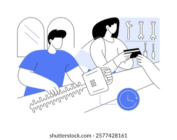 Tool rental isolated cartoon vector illustrations. Couple renting a tool in store, talking with salesperson, small business, heavy building equipment, household service vector cartoon.