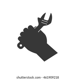 Tool, repair and construction concept represented by wrench and hand silhouette icon. Isolated and flat illustration