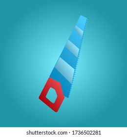 Herramienta para reparación y construcción de sierra de mano de metal afilado en un fondo azul. Ilustración del vector