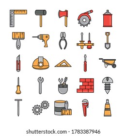 tool repair maintenance and construction equipment icons set line and fill vector illustration