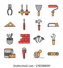 tool repair maintenance and construction equipment icons set line and fill vector illustration