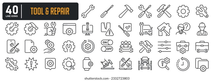 Tool and repair simple minimal thin line icons. Related service, setting, restoration, car service, workshop. Vector illustration.