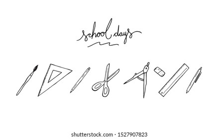 Tool for school education outline hand drawn items with letters school days text tittle. Office work equipment set collection. Student accessories symbols silhouette drawing illustration graphic image