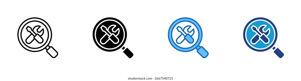 Tool Search Multiple Style Icon Vector Design - Lupe über gekreuzte Werkzeuge, symbolisiert Tool Discovery, Systemdiagnose oder Reparatur-Lookup
