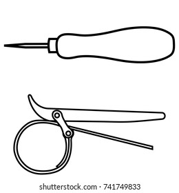 Tool set, clamp, awl, line, pattern, set, tool, sticker, separately on a white background