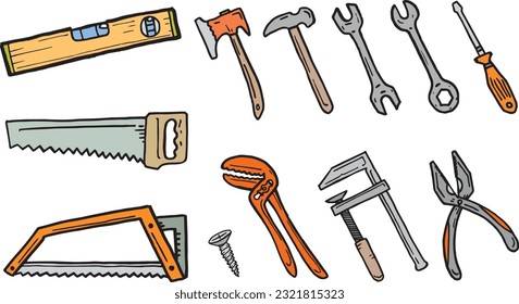 Tool set hand drawn original colored outline illustration. Simple cartoonish drawing service accessories with different hardware pen drawing logo wall decoration detail. Different service equipment.