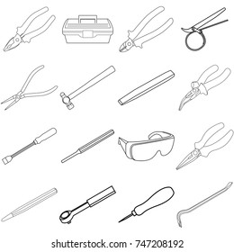 Tool Set, Linear, Separately On A White Background, Box, Chisel, Pliers, Crowbar, Screwdriver, Awl