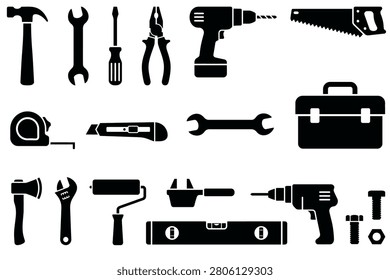 Tool set for professional construction and home repair projects. Black silhouettes of various hand and power tools including a hammer, drill, and wrench. Ideal for construction company logos or hardware store marketing materials.