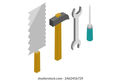 Tool set (saw, hammer, wrench, screwdriver), isometric illustration, Vector Illustration