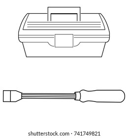 Tool set, screwdriver, box, line, pattern, set, tool, sticker, separately on a white background