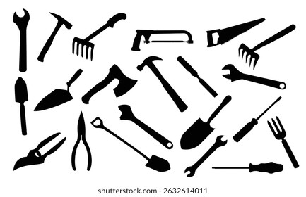 Tool set vector illustration with silhouettes of hammer wrench screwdriver and other construction and repair equipment