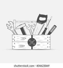 tool set in wood box, screwdriver, wrench, saw, hammer - vector illustration