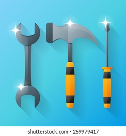 Tool set: wrench, screwdriver and hammer. Vector design template