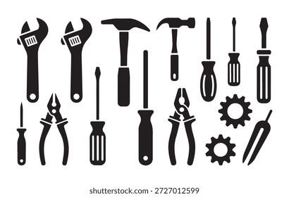 Juego de herramientas con llaves, martillos, destornilladores, alicates y engranajes perfecto para proyectos de bricolaje y mecánica