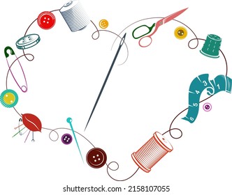 Tool for sewing and cutting. Thread needle and scissors. Silhouette love for sewing