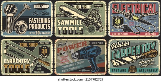 Tool shop colorful vintage coupons set with inscriptions, fasteners, chainsaw, soldering iron, hacksaw, construction dryer, chisel, vector illustration