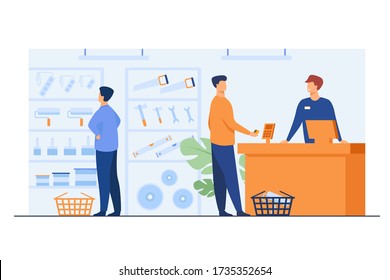 Tool shop customers. Men choosing instrument at showcase for painting or carpentry work, paying at checkout counter, consulting salesman. Vector illustration for hardware store, house repair concept