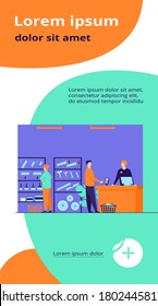 Tool shop customers. Men choosing instrument at showcase for painting or carpentry work, paying at checkout counter, consulting salesman. Vector illustration for hardware store, house repair concept